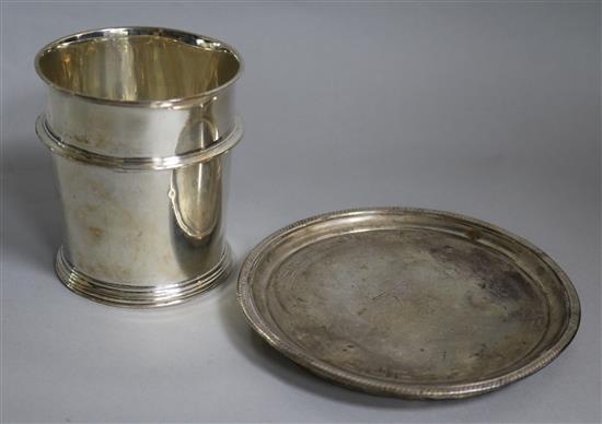 A Victorian silver beaker vase, London, 1860 and a Georgian silver mounted coaster/stand, vase 6.7 oz.